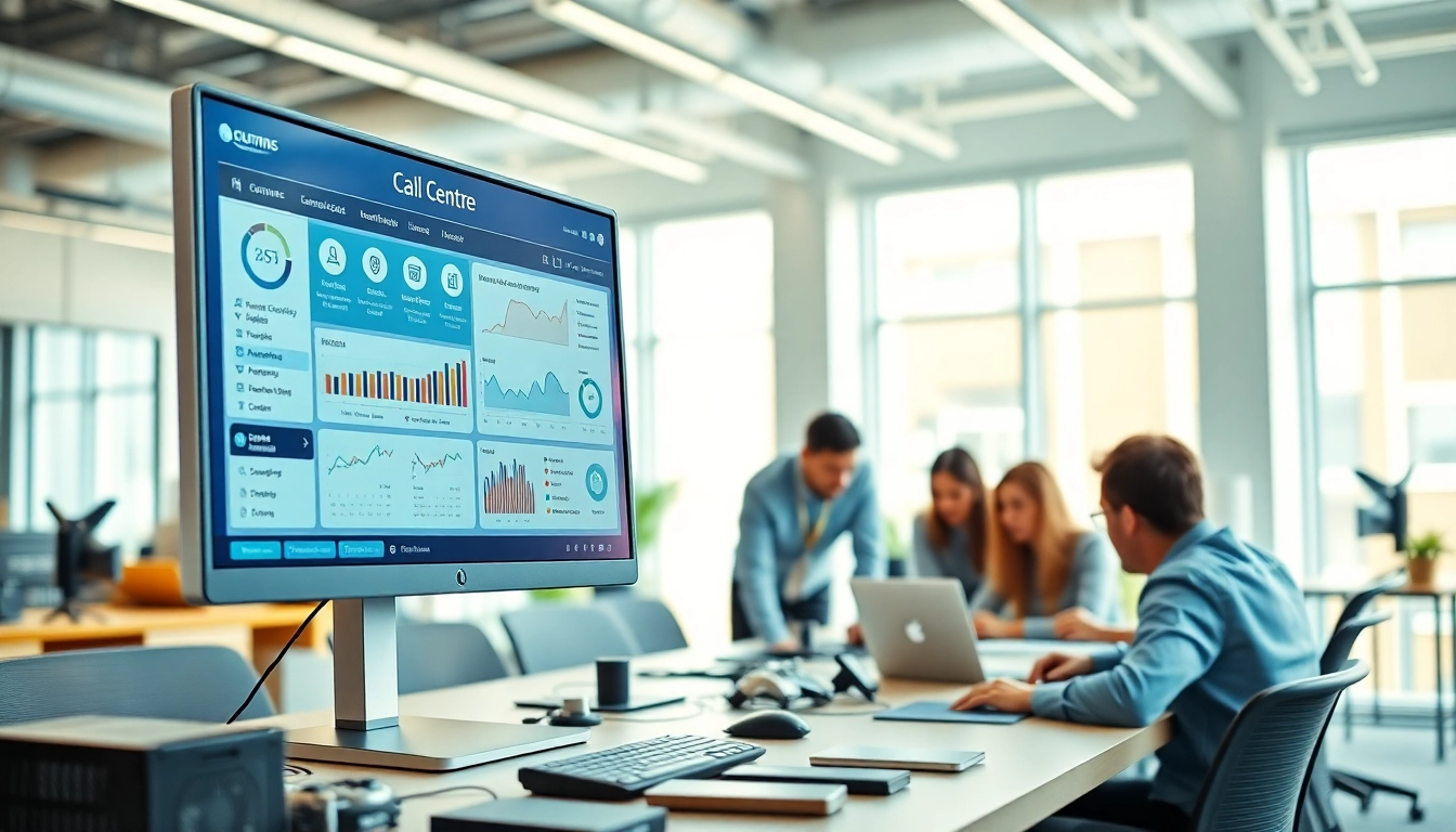 Showcase of call centre software interface with professionals collaborating in a modern office.