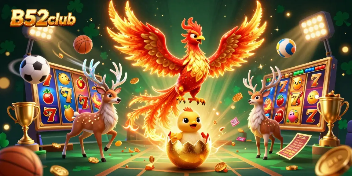 B52club offers captivating gaming with phoenix characters amidst dynamic slot reels and sports lighting.
