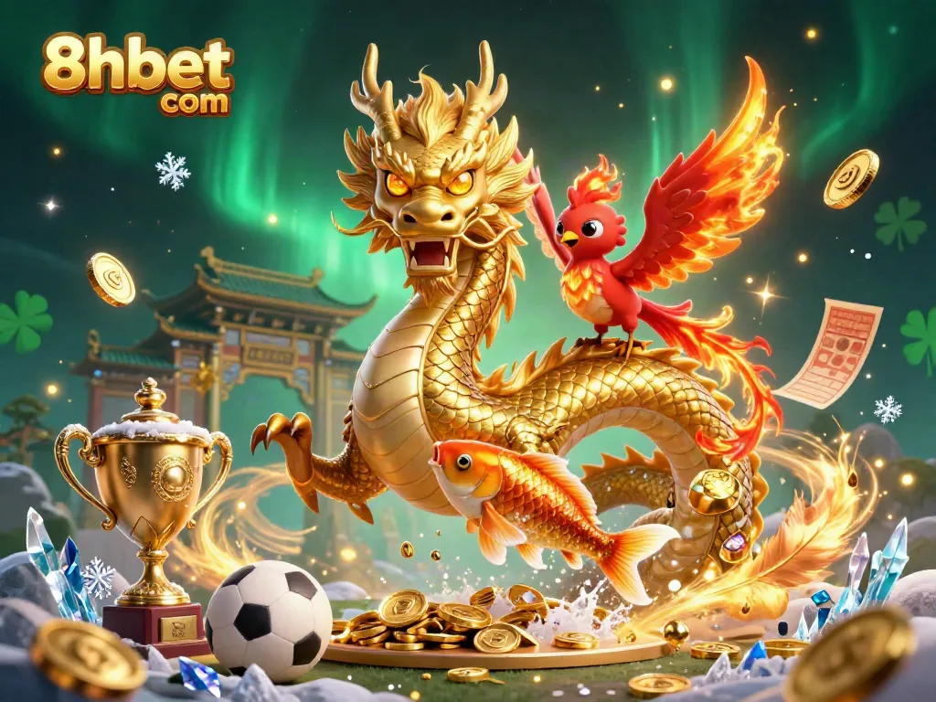 Bet with 8xbet com on vibrant sports betting artwork featuring a dragon and phoenix