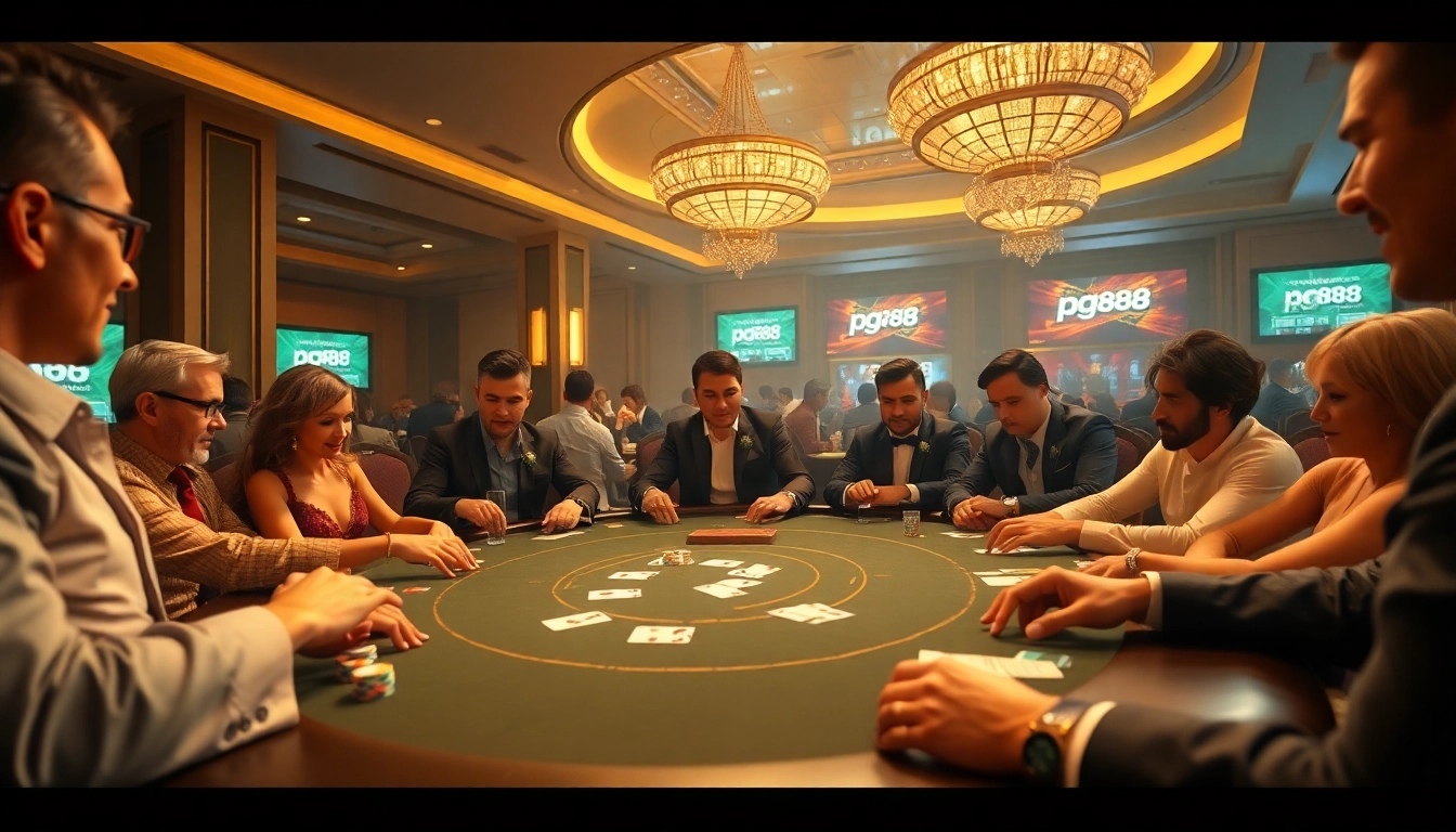 Gamblers enjoying a thrilling game at pg88's luxurious poker table in a vibrant casino atmosphere.