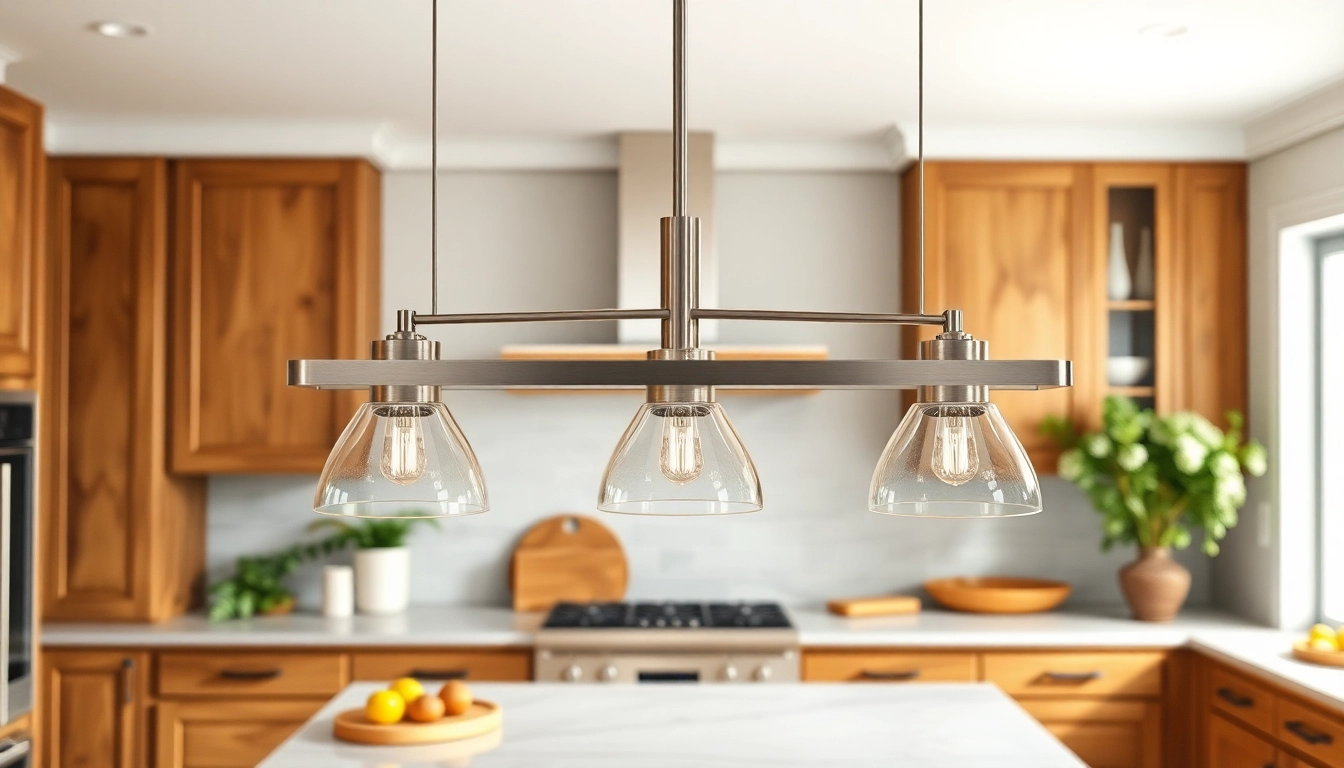 Elegant island light fixture illuminating a stylish kitchen with natural tones.