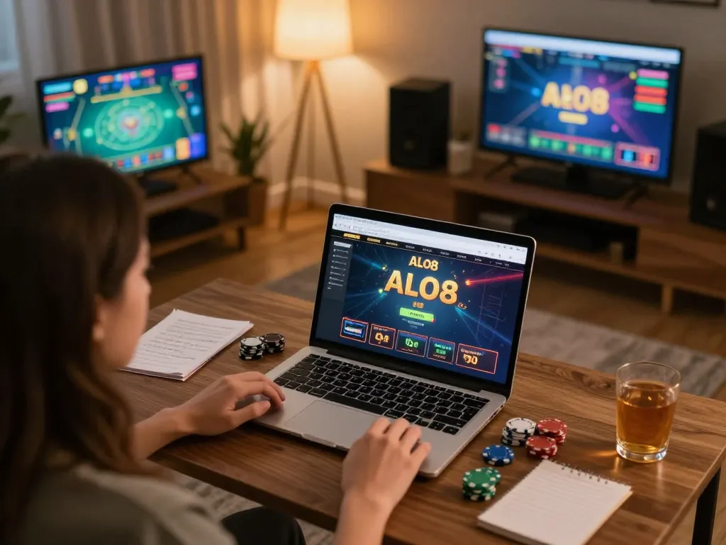 Player engages with ALO8's online casino interface from their stylish home setup, showcasing strategic gameplay.