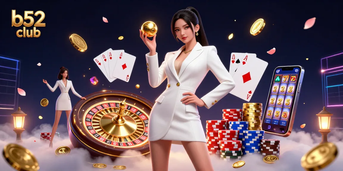 B52 club promotes an exciting gambling experience, highlighting a confident woman with a roulette ball amid vibrant casino elements.