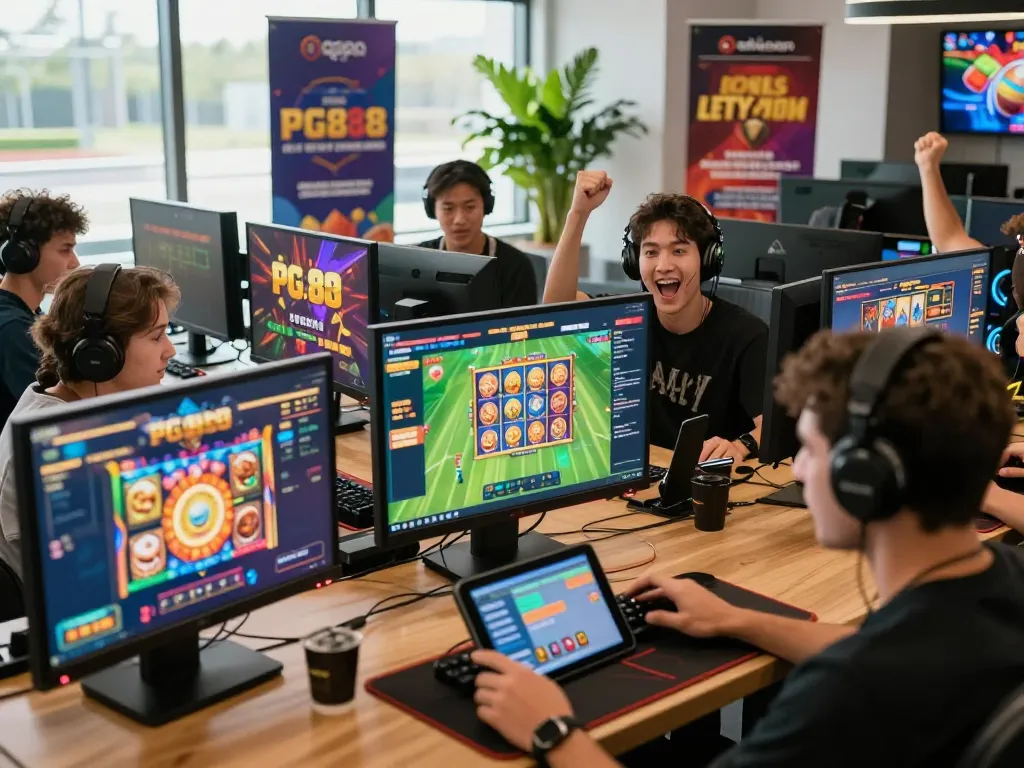 Players enjoying a vibrant gaming experience at PG88, celebrating wins with interactive gaming elements.