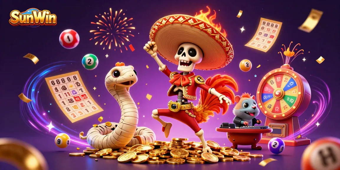 Win big with SunWin's thrilling 3D casino scene featuring exciting lottery elements.