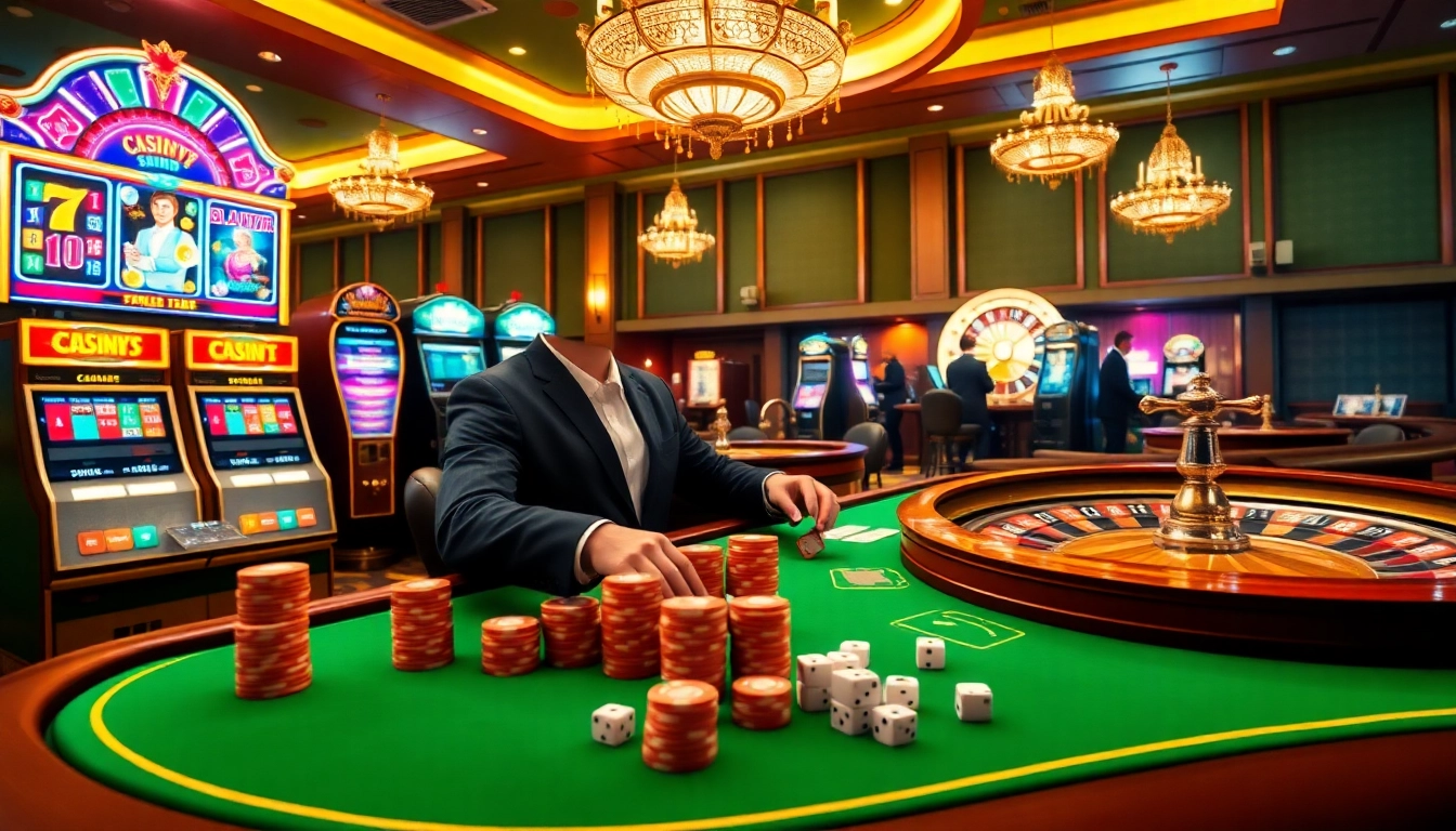 A vibrant gambling scene showcasing slot machines and poker tables at vz99g.jpn.com, capturing excitement and luxury.