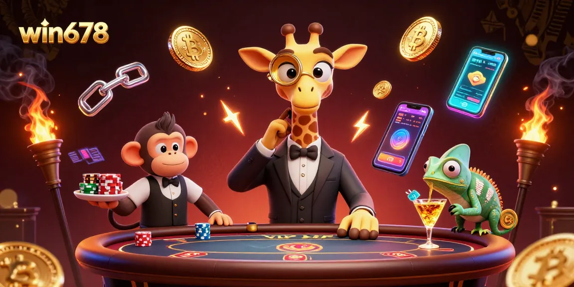 Win678 attracts users with thrilling gaming action featuring a high-roller giraffe at a poker table.