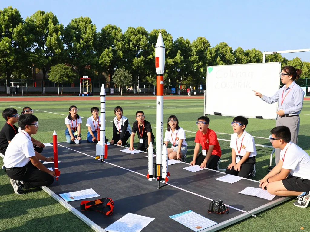 Students launching model rocket kits outdoors, emphasizing fun and education.