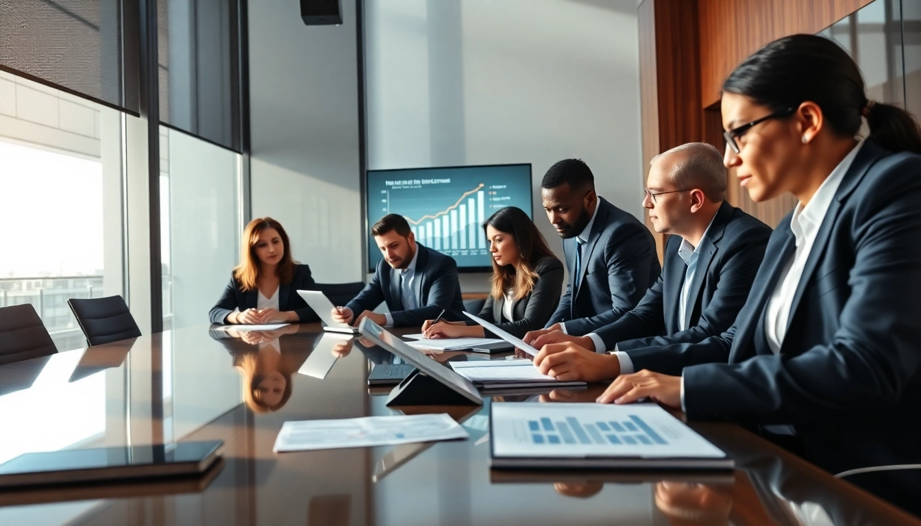 Mergers and acquisitions in the US discussed by diverse business lawyers in a modern office.