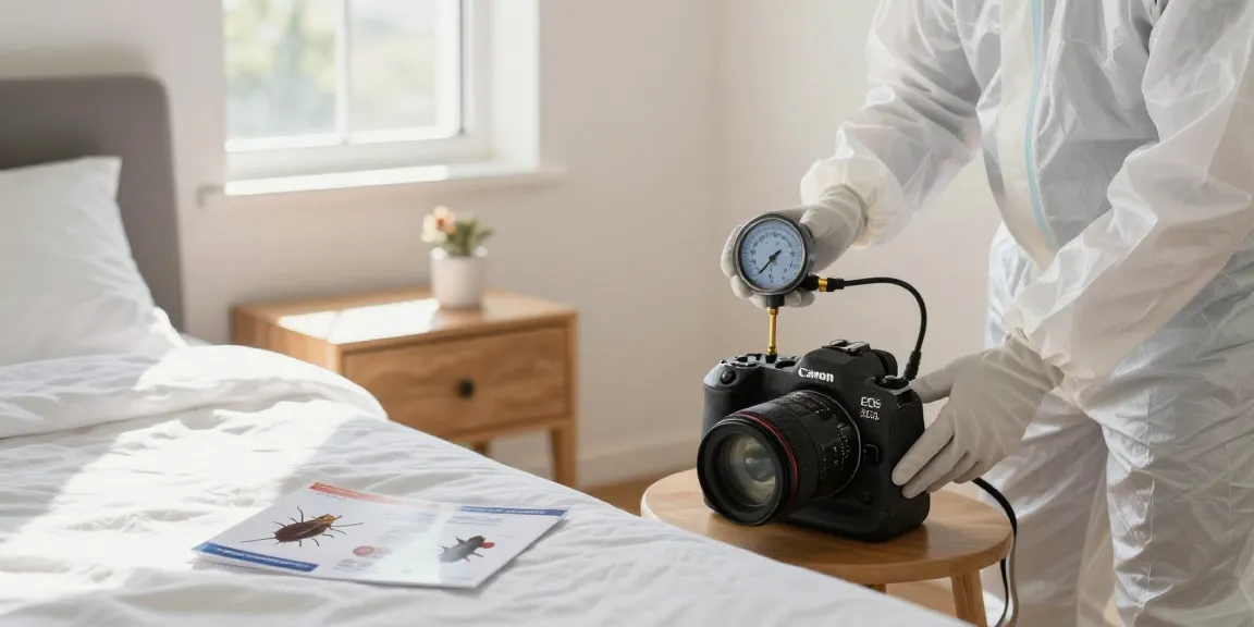 Professional conducting bed bug heat treatment in a bright bedroom to ensure effective pest control