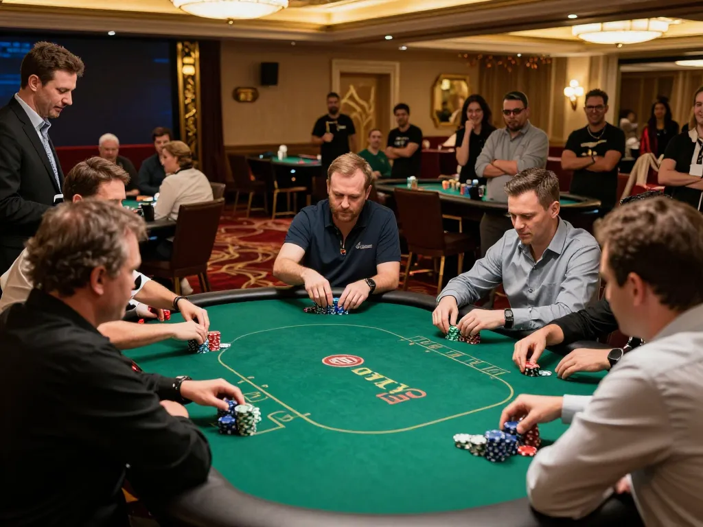 Intense poker action at the nhà cái 789bet casino, players engaged with colorful chips and focused strategies.