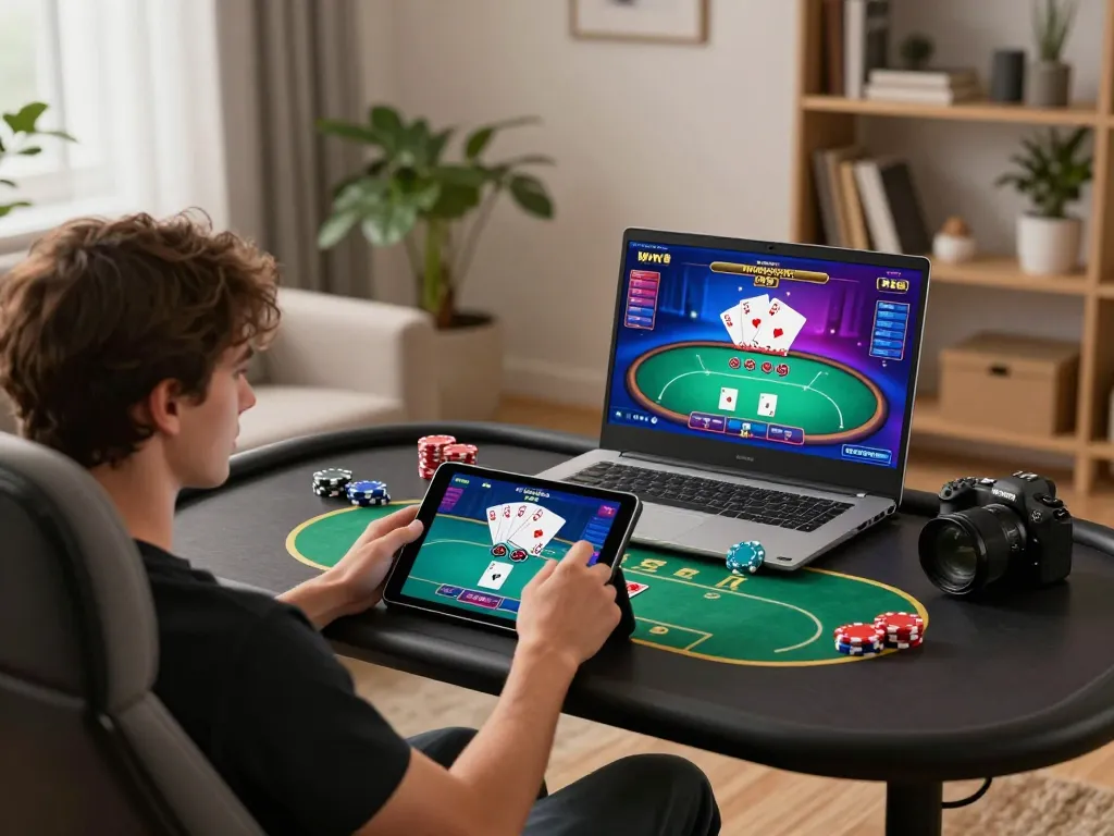 Experience online gaming with tg88 on a tablet and laptop in a cozy modern setting.