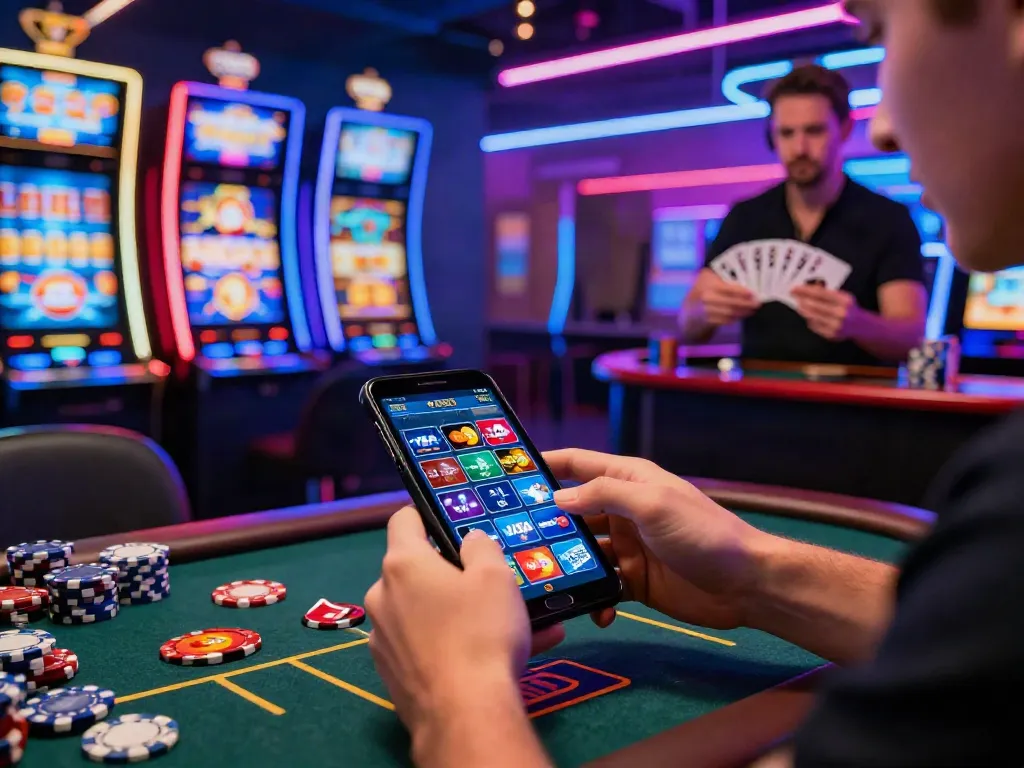 Explore the best credit card casinos featuring dynamic gaming atmosphere, credit card logos, and vibrant slot machines.