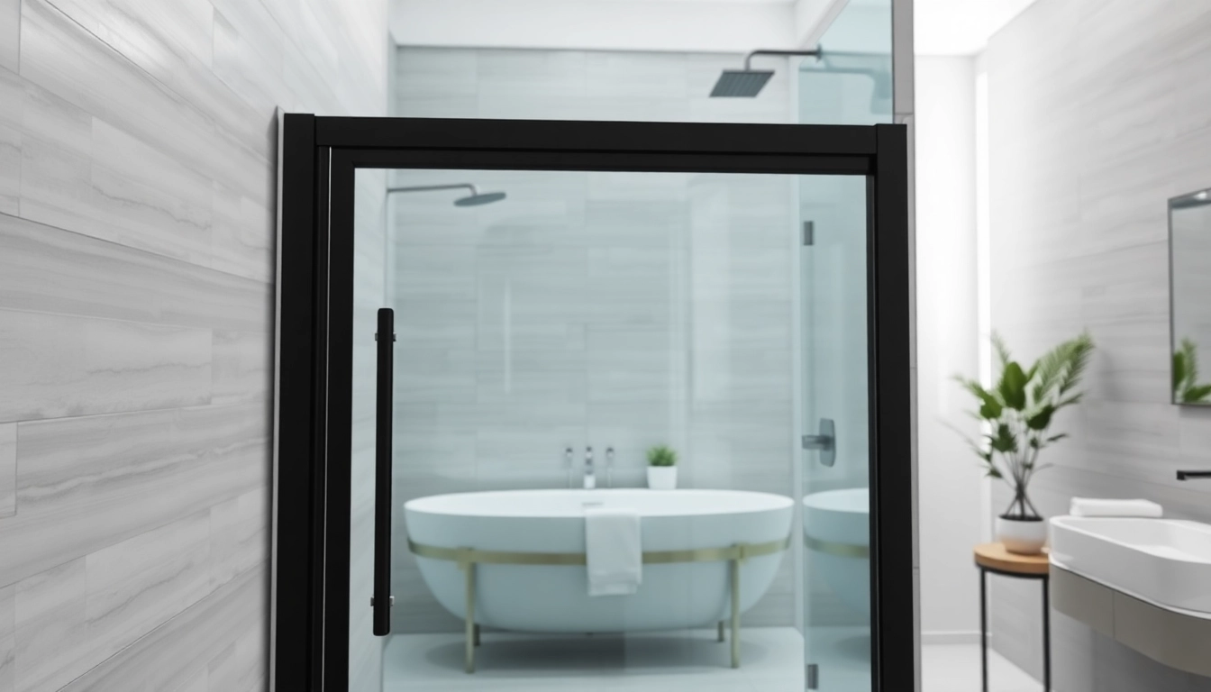 Showcasing black frame shower doors in a modern bathroom with sleek design elements and soft lighting.