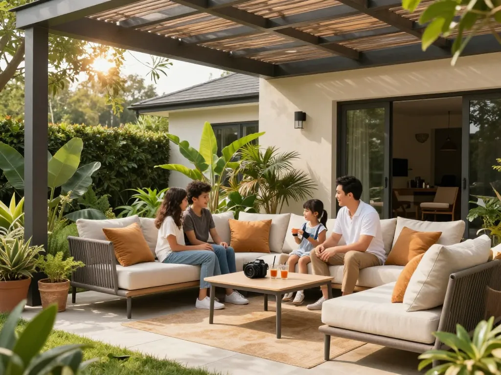 Family enjoying a custom-designed outdoor space using a veranda configurator, highlighting comfort and style.