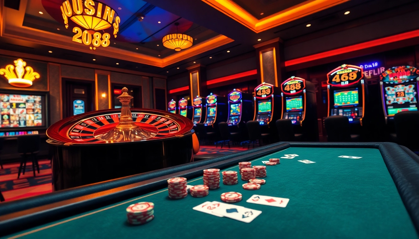 Experience the thrill of high-stakes gaming at du88 with luxurious casino visuals featuring poker tables, roulette wheels, and slot machines.