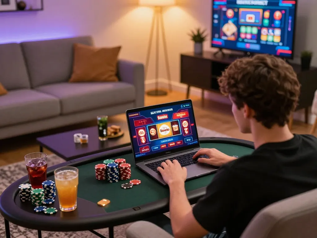 Bomwin player engaging with online slots and poker in a cozy home setting
