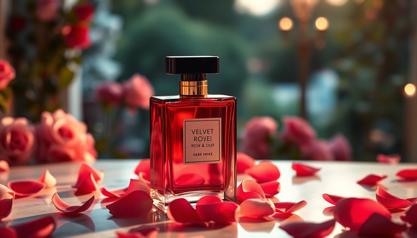 Celebrate the essence of Velvet rose & oud with a stunning perfume display and rose petals.