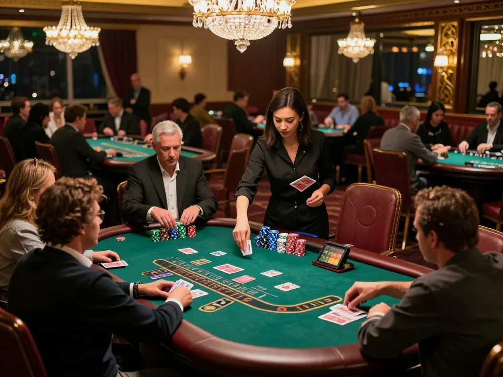 B52CLUB players engaged in an intense blackjack game at a vibrant casino table under warm lights