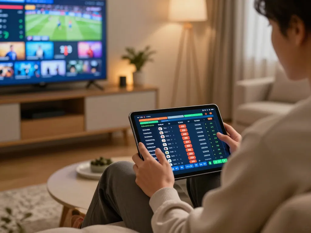 da88 sports betting on tablet in cozy home setup with ambient lighting and multiple screens