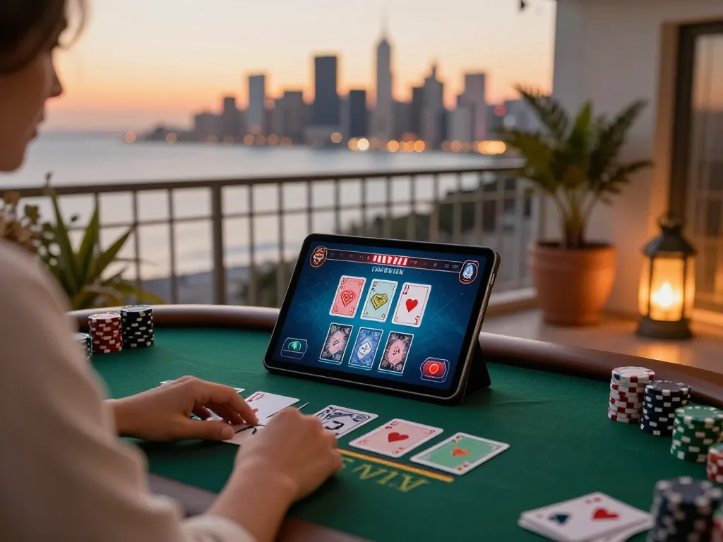 Engaging in an online blackjack game on rikvip with a stunning city view.