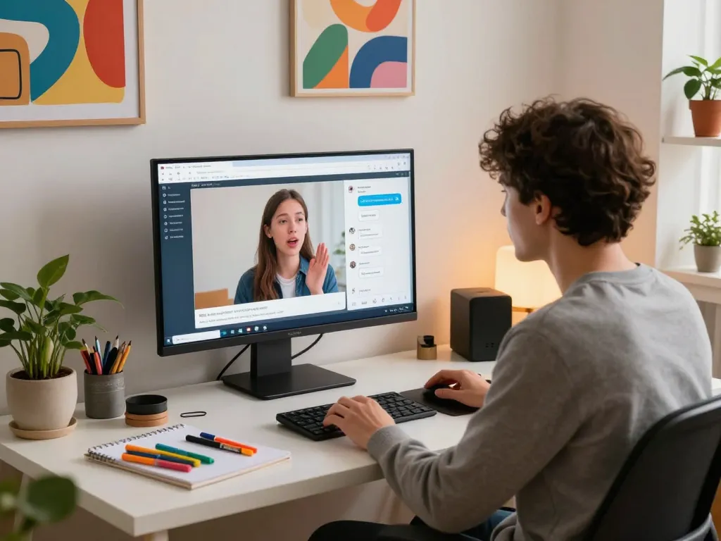 Interactive NSFW AI chat experience in a vibrant home office setting.