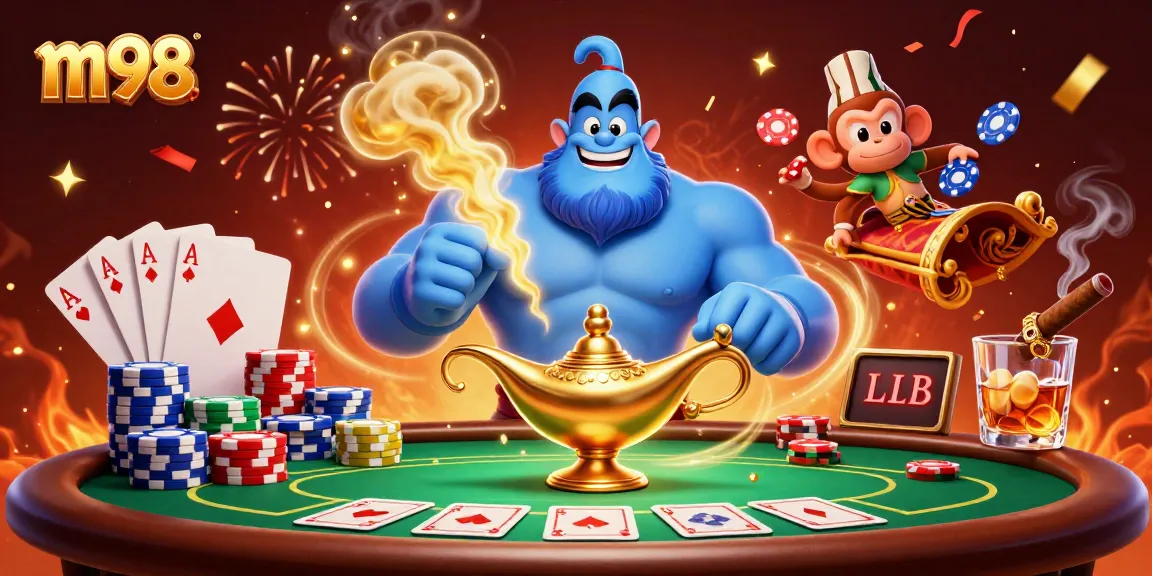 Experience thrilling m98 action with a muscular genie and poker elements in this vibrant 3D scene.