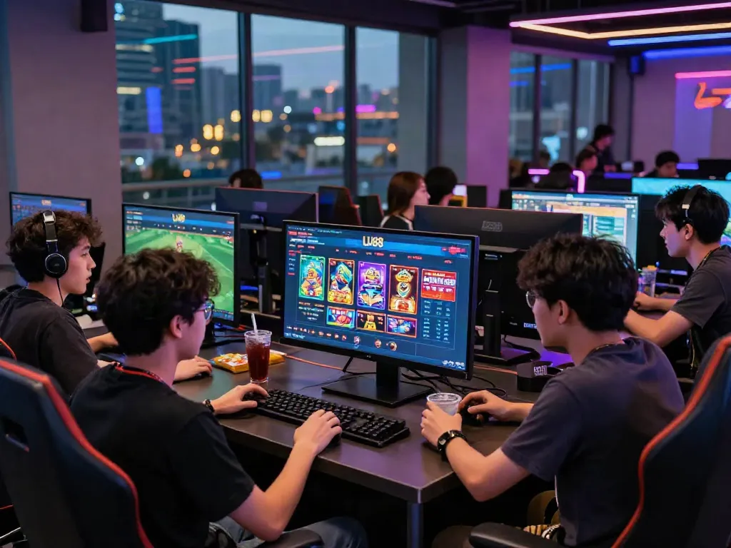 Gamers engaging with LU88's online betting platform in a vibrant gaming lounge.