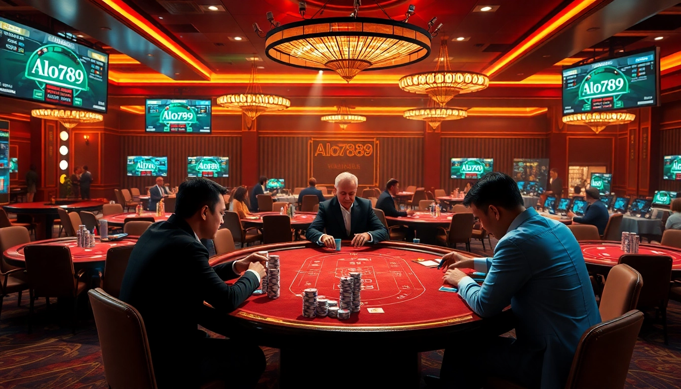 Alo789 players engaging in dynamic online gambling with vibrant casino tables and live dealers.
