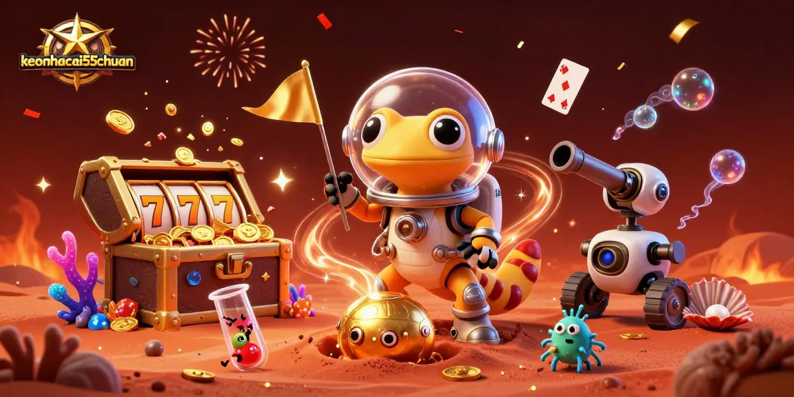 Engage with keonhacai55chuan as a Martian gecko explores a casino treasure amidst vibrant gaming elements.