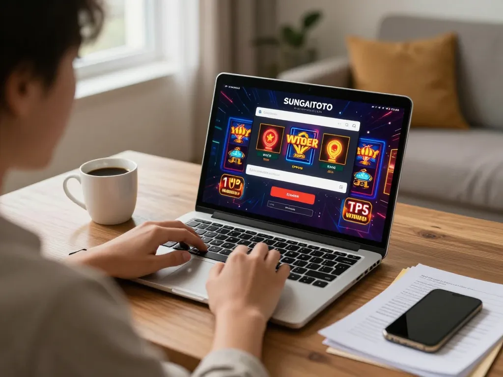 SUNGAITOTO login on laptop screen while enjoying strategic online gambling at home.