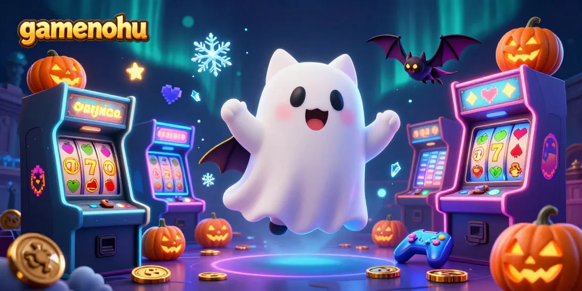 Play exciting games at gamenohu featuring a friendly ghost cat and vibrant slot elements in a haunted casino scene.