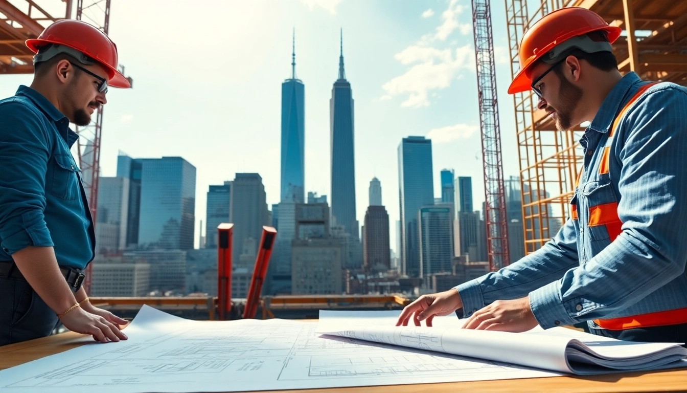 New York City General Contractor team working on a skyscraper project with blueprints.