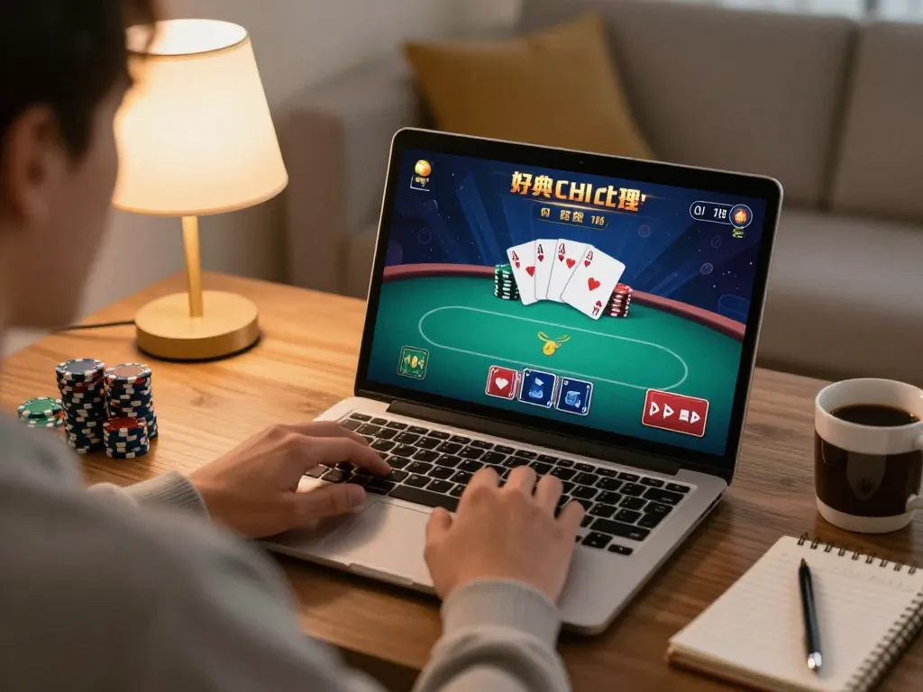 Player engaging in a poker game online through TG88, showcasing a cozy home setting with a warm atmosphere.