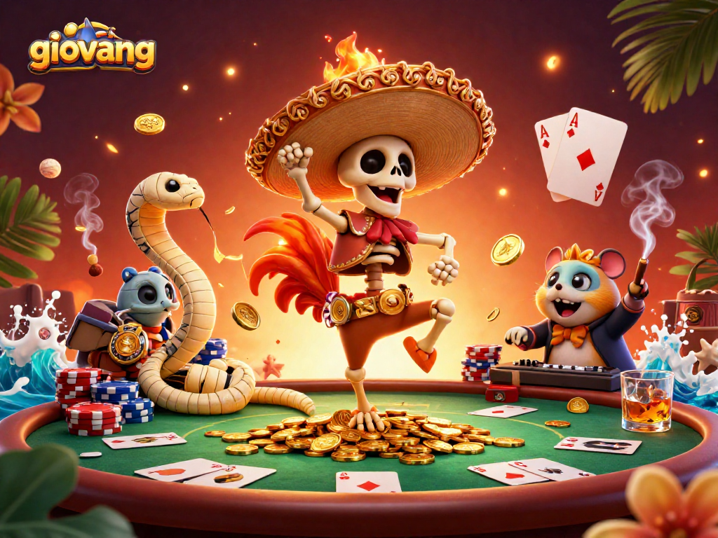 Experience giovang’s thrilling victory with vibrant characters dancing amidst overflowing poker chips in this exciting gambling scene.