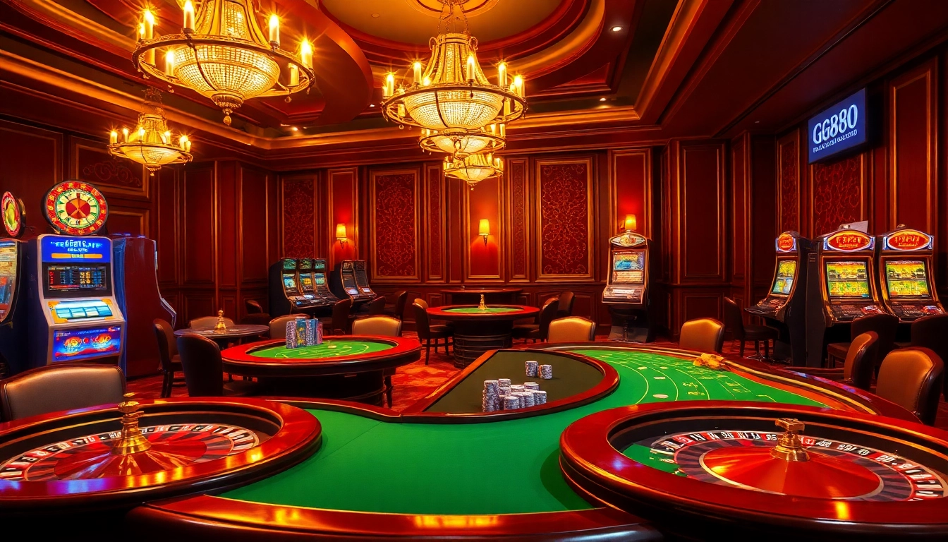 Experience the elegance of high-stakes gaming at GG888, featuring luxurious poker tables and vibrant casino elements.