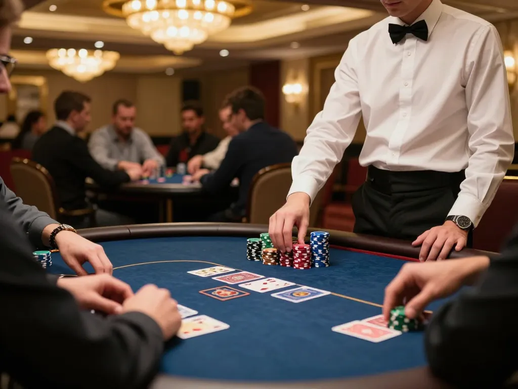 Players strategizing with SC88 poker chips stacked at an upscale casino table, intense gameplay atmosphere.