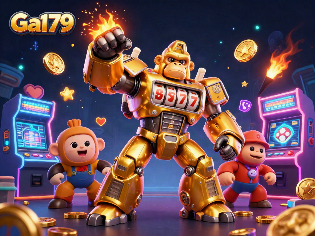 Experience a thrilling Ga179 adventure with a golden gorilla mech in a vibrant casino world.