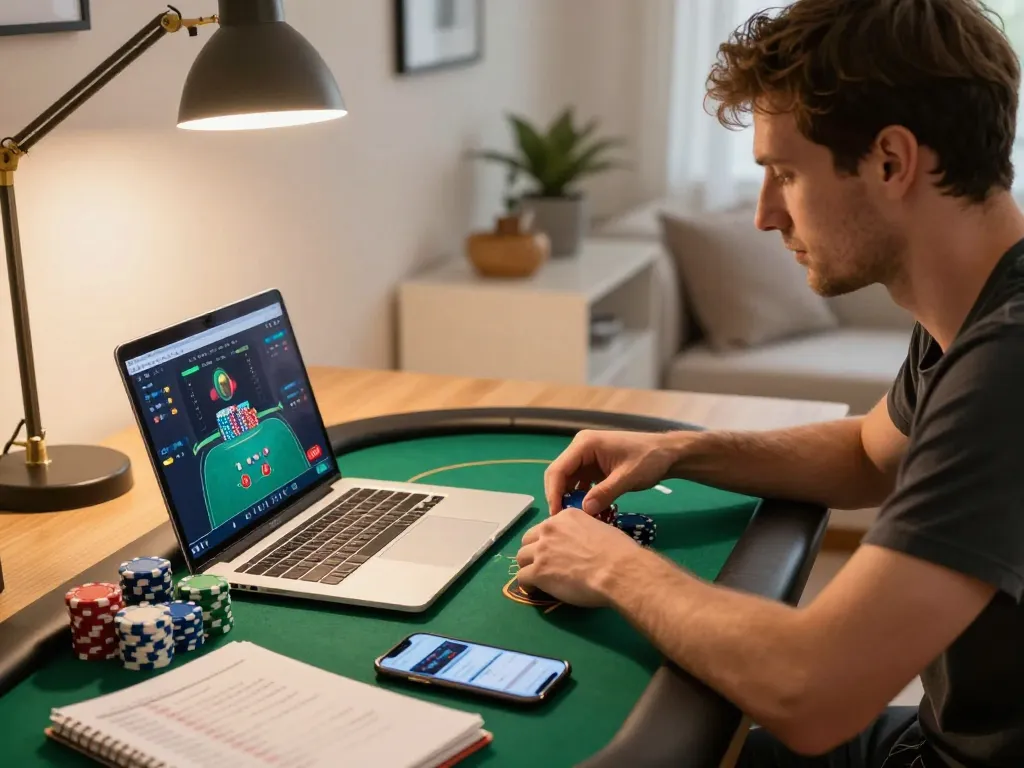 Player engaging in online poker gameplay on their laptop, enhancing their skills and strategy with TR88.
