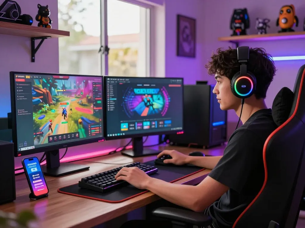 Engaged user tải sunwin on multiple screens in a vibrant gaming setup.