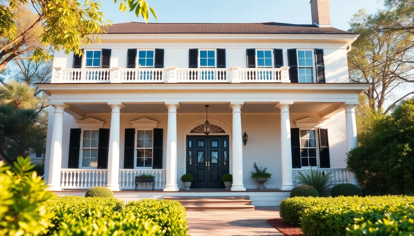 Colonial home renovation featuring elegant porch columns and a vibrant garden.