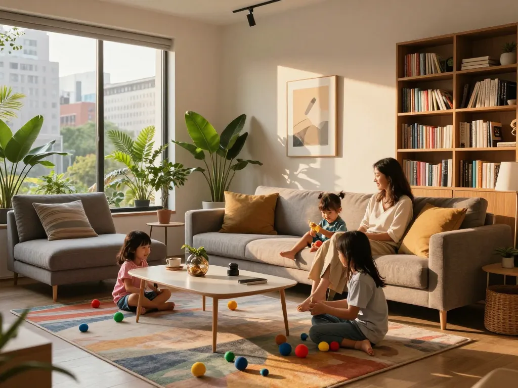 Urban living blogs showcasing a family enjoying time in a modern living room.