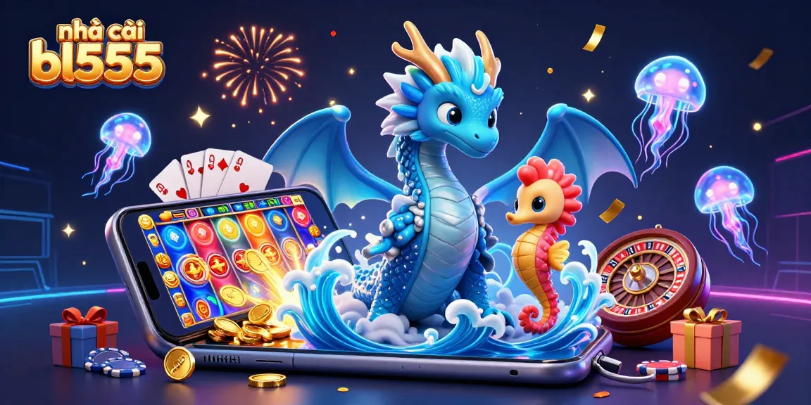Engage with the vibrant world of nhà cái bl555, featuring a dynamic scene with a water dragon, coral knight, and casino elements for thrilling gameplay.