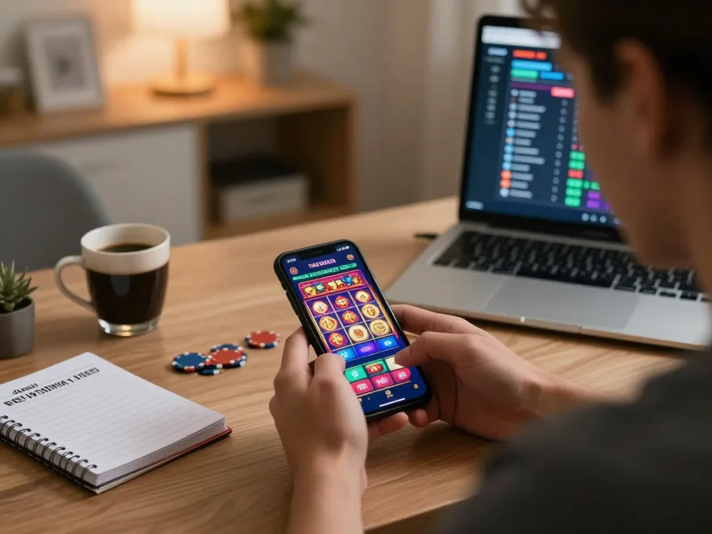 Player exploring slot gacor hari ini strategies while using a smartphone in a cozy home office setting
