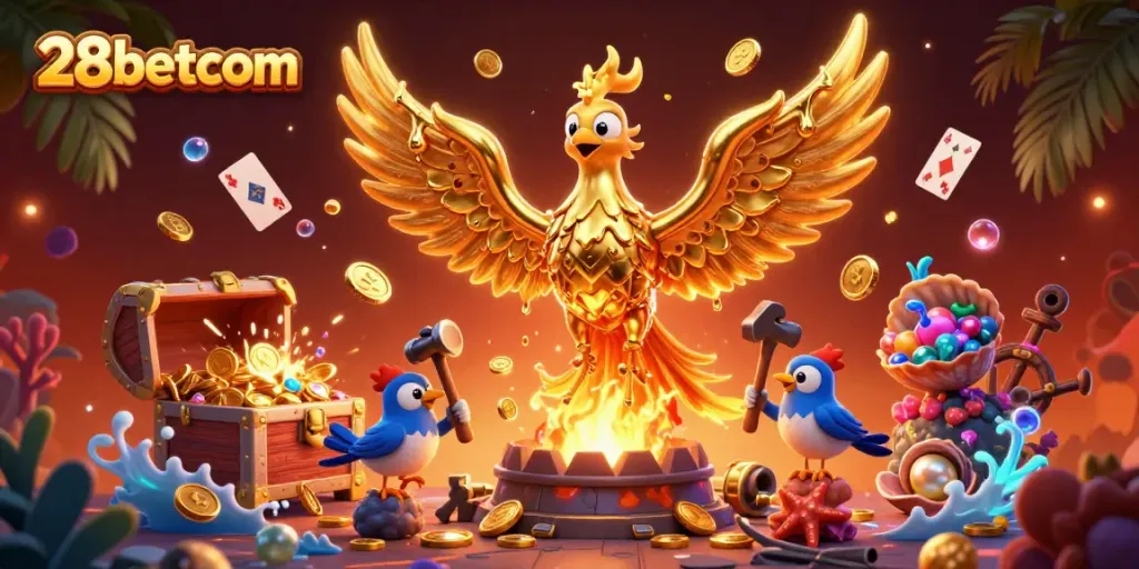 Experience the thrill of winning with 28betcom's epic 3D casino illustration featuring a molten phoenix.