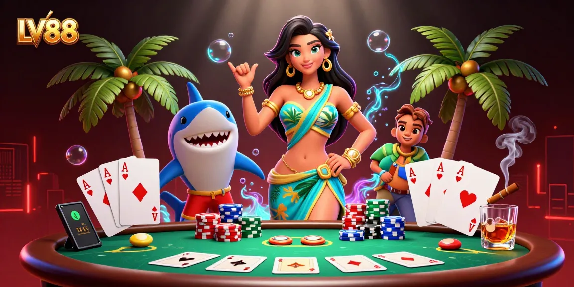 Join the excitement at LV88 with thrilling poker action and vibrant casino scenes featuring dynamic characters.