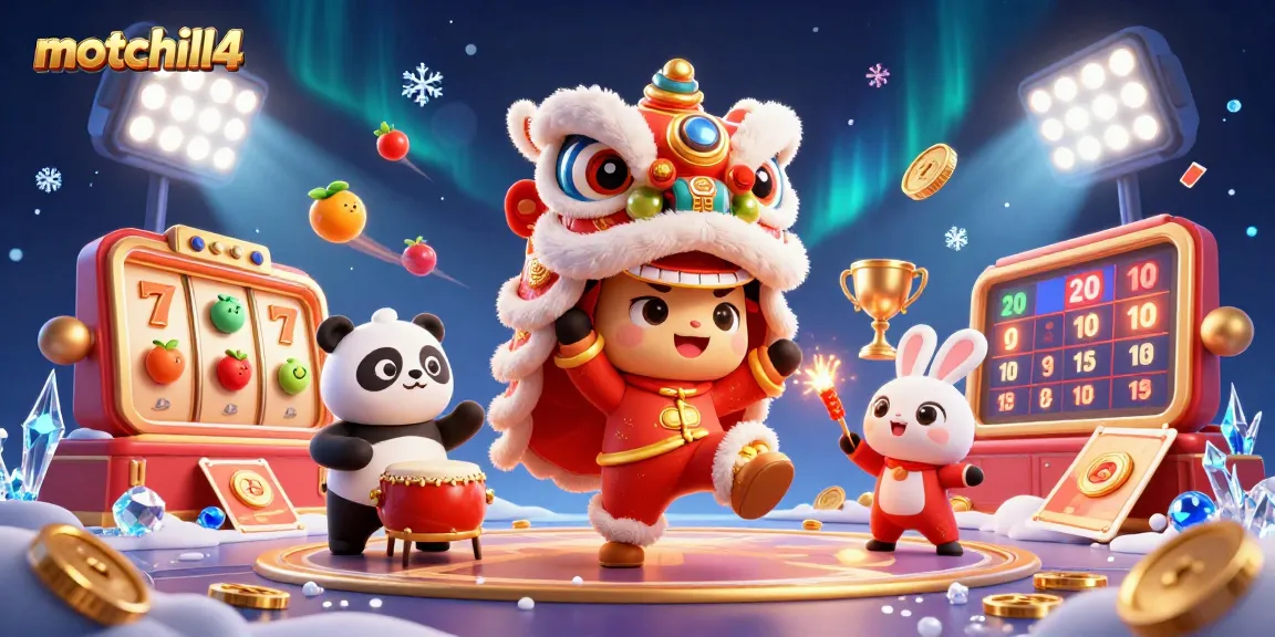 Engage with motchill4's lively casino theme featuring cartoon lion dancers, slot reels, and festive elements.
