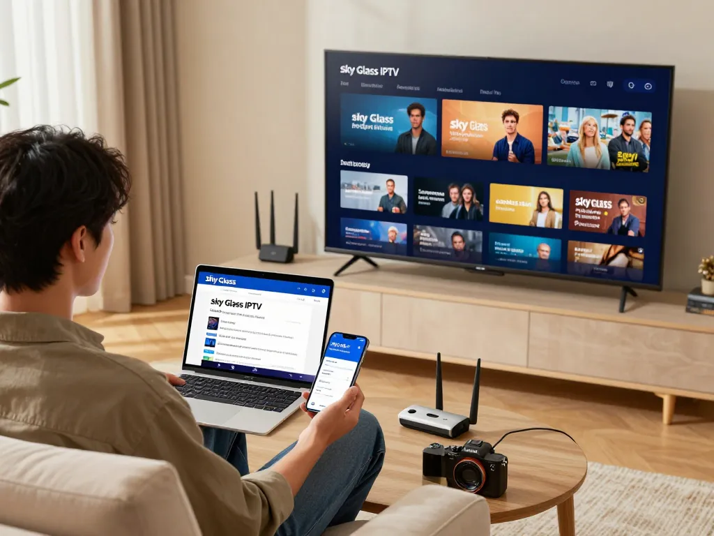 Sky Glass IPTV installation Guide with a user setting up a Smart TV in a cozy living room.