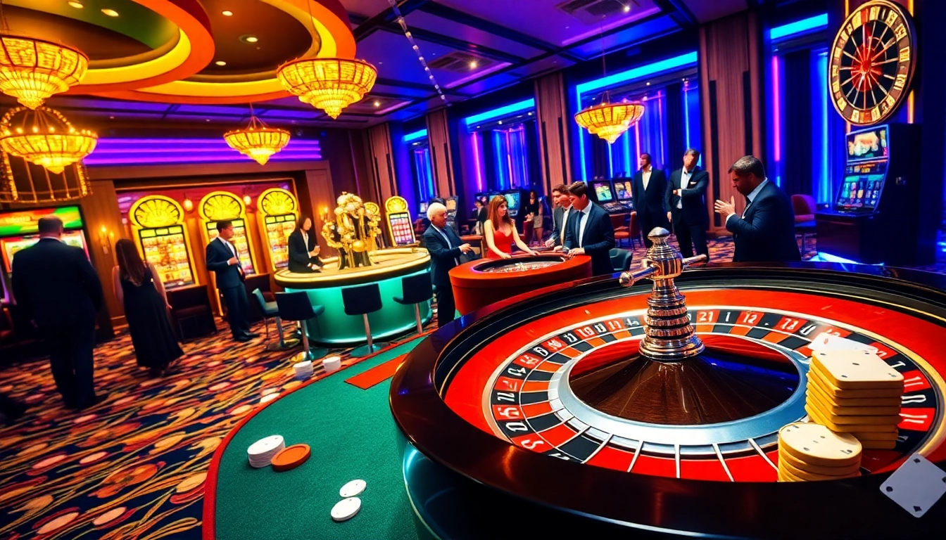 Exciting casino scene showcasing zbet with players and vibrant roulette table.