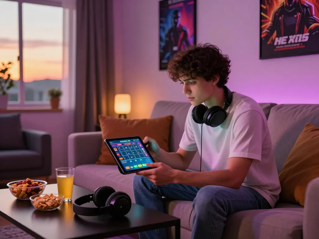 Engaging young adult playing tài xỉu online on a tablet in a cozy living room.